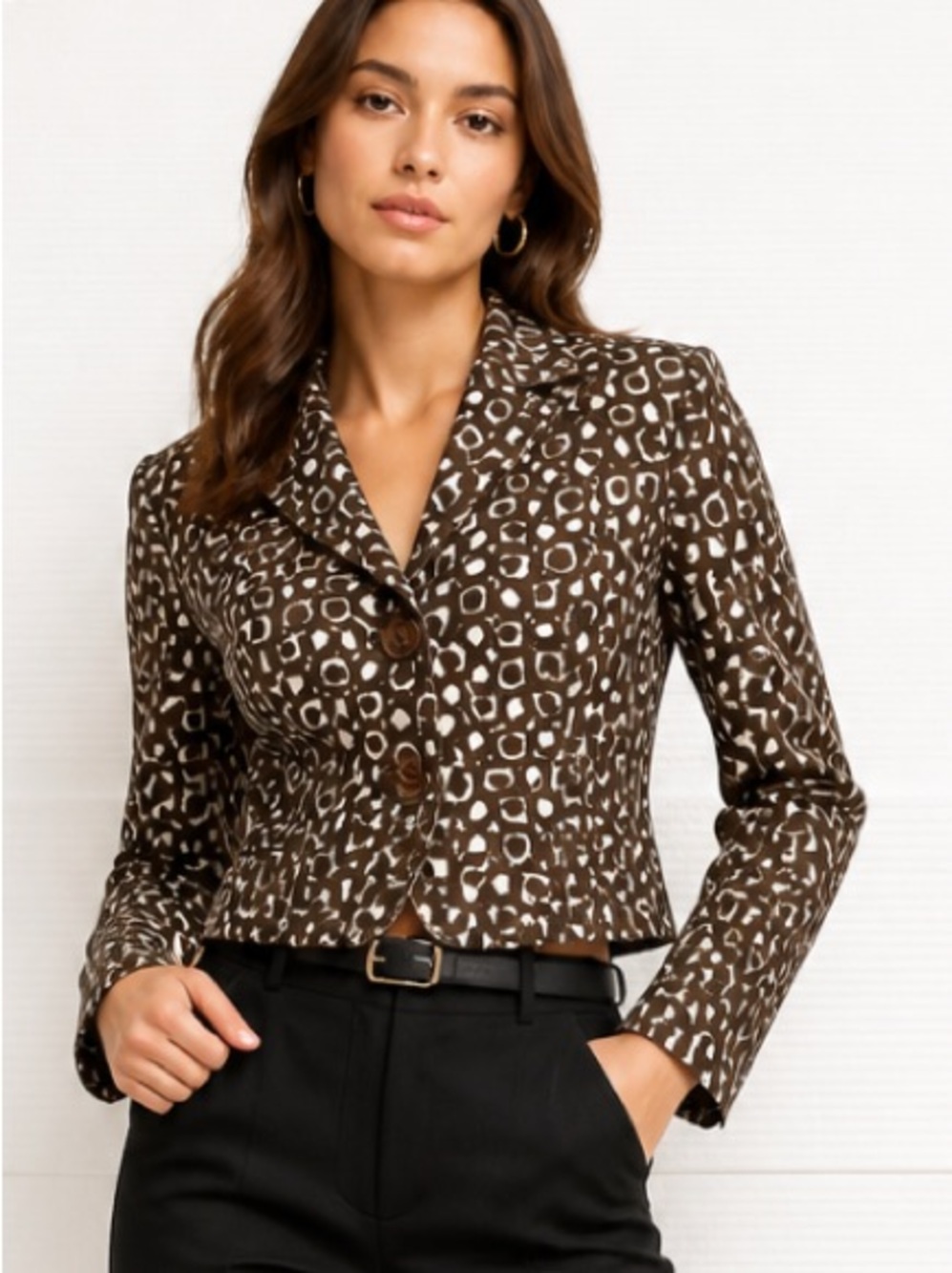 LAFAYETTE 148 Jacket Blazer Cropped Brown White Polka Geometric Cotton Career